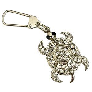 Crystal Sea Turtle Keychain Zipper Pull Purse Charm Backpack Silver Tone Moving